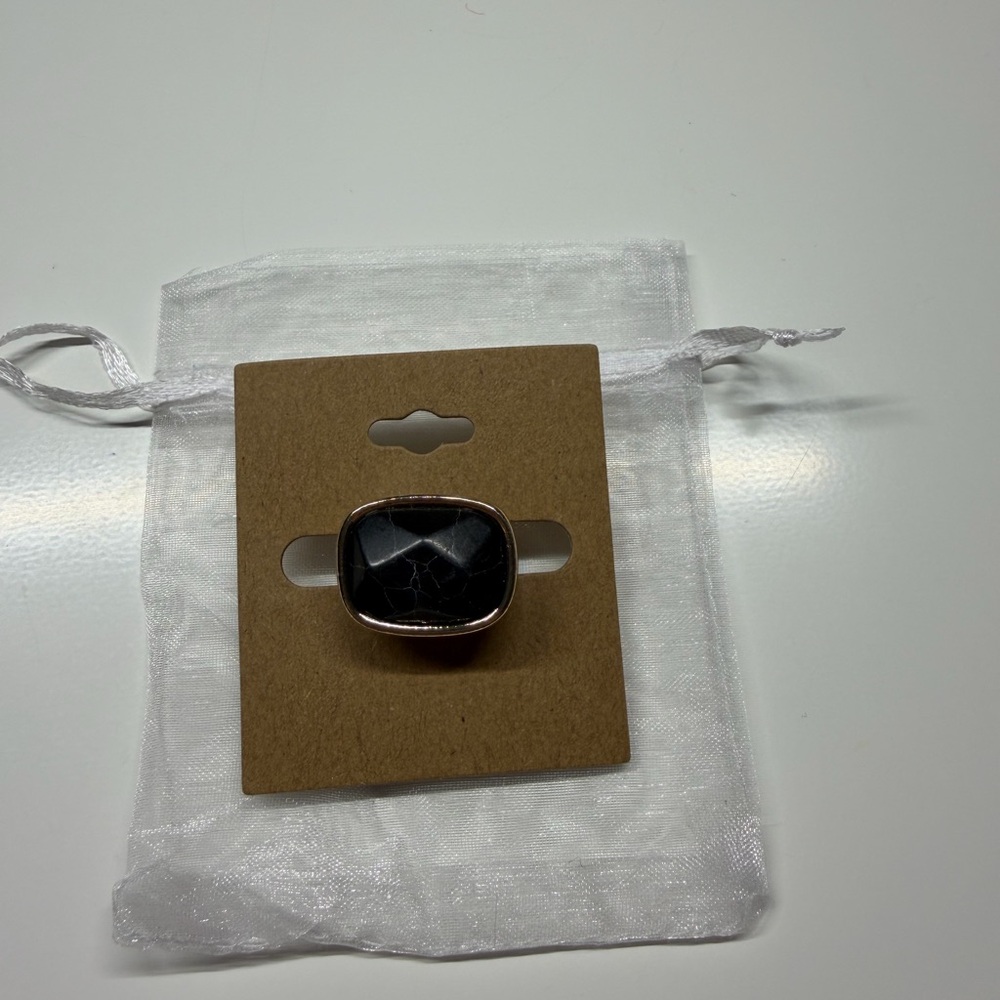 Black Marbled Stone Ring with Rose Gold Setting